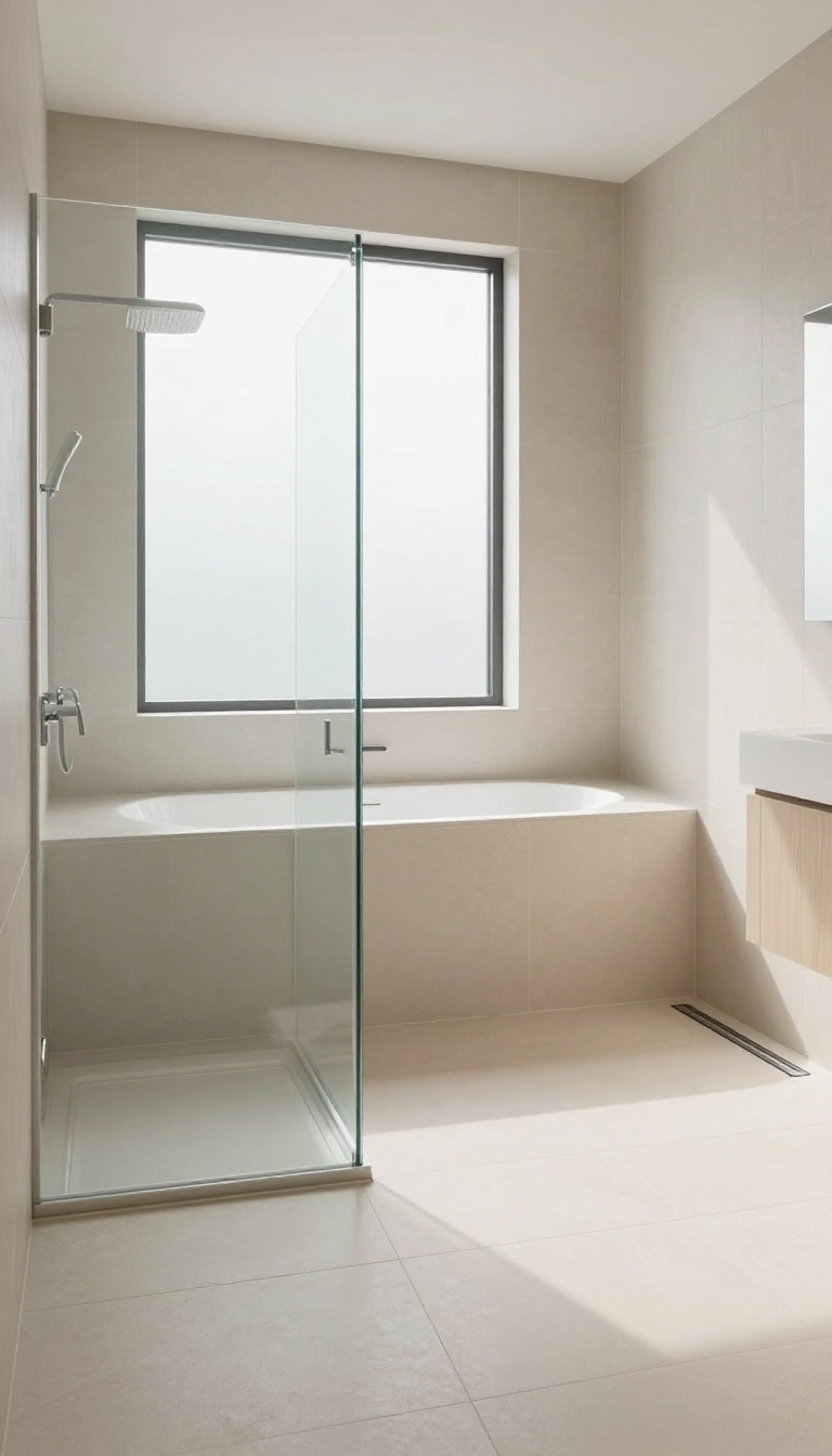 Curbless shower with seamless floor transition in a bright, spa-like bathroom