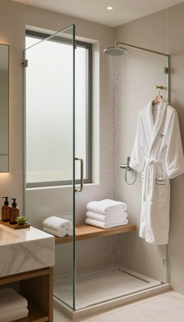 Luxurious guest house bathroom with rainfall shower, heated towel rack, and plush white towels.