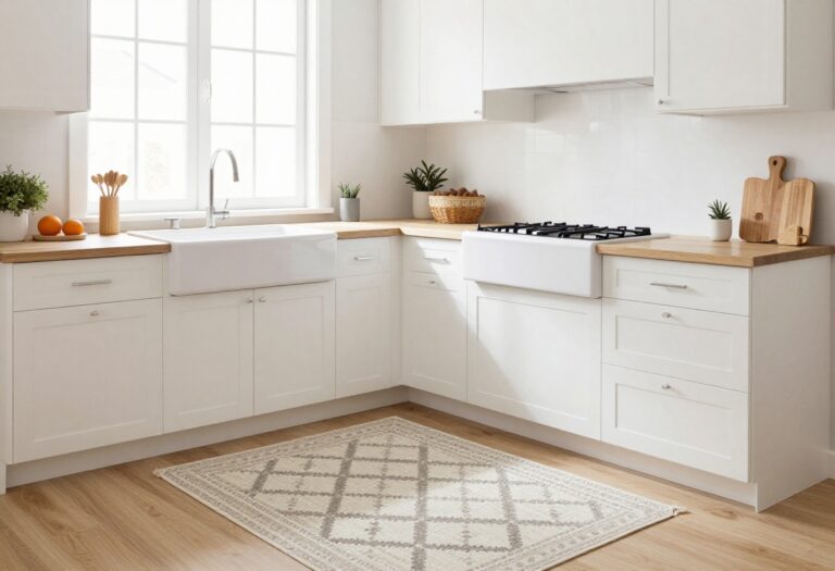 Modern kitchen with a neutral geometric runner rug in front of a farmhouse sink