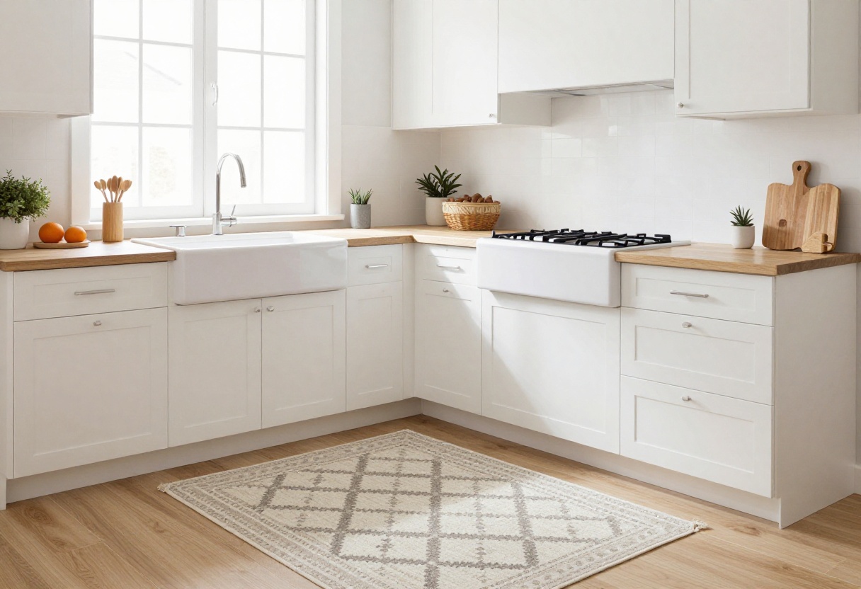 Modern kitchen with a neutral geometric runner rug in front of a farmhouse sink