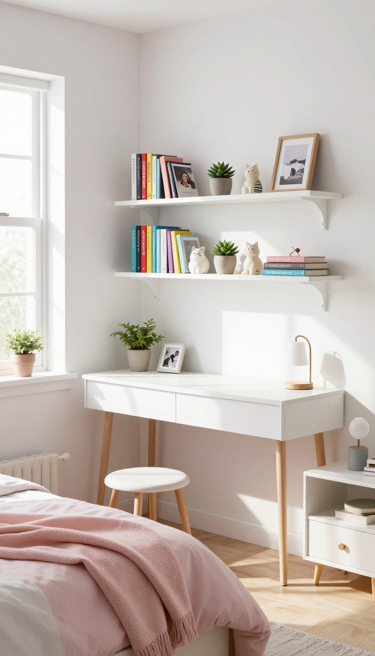 Small bedroom with floating shelves displaying books, plants, and decor, creating a playful and organized look.