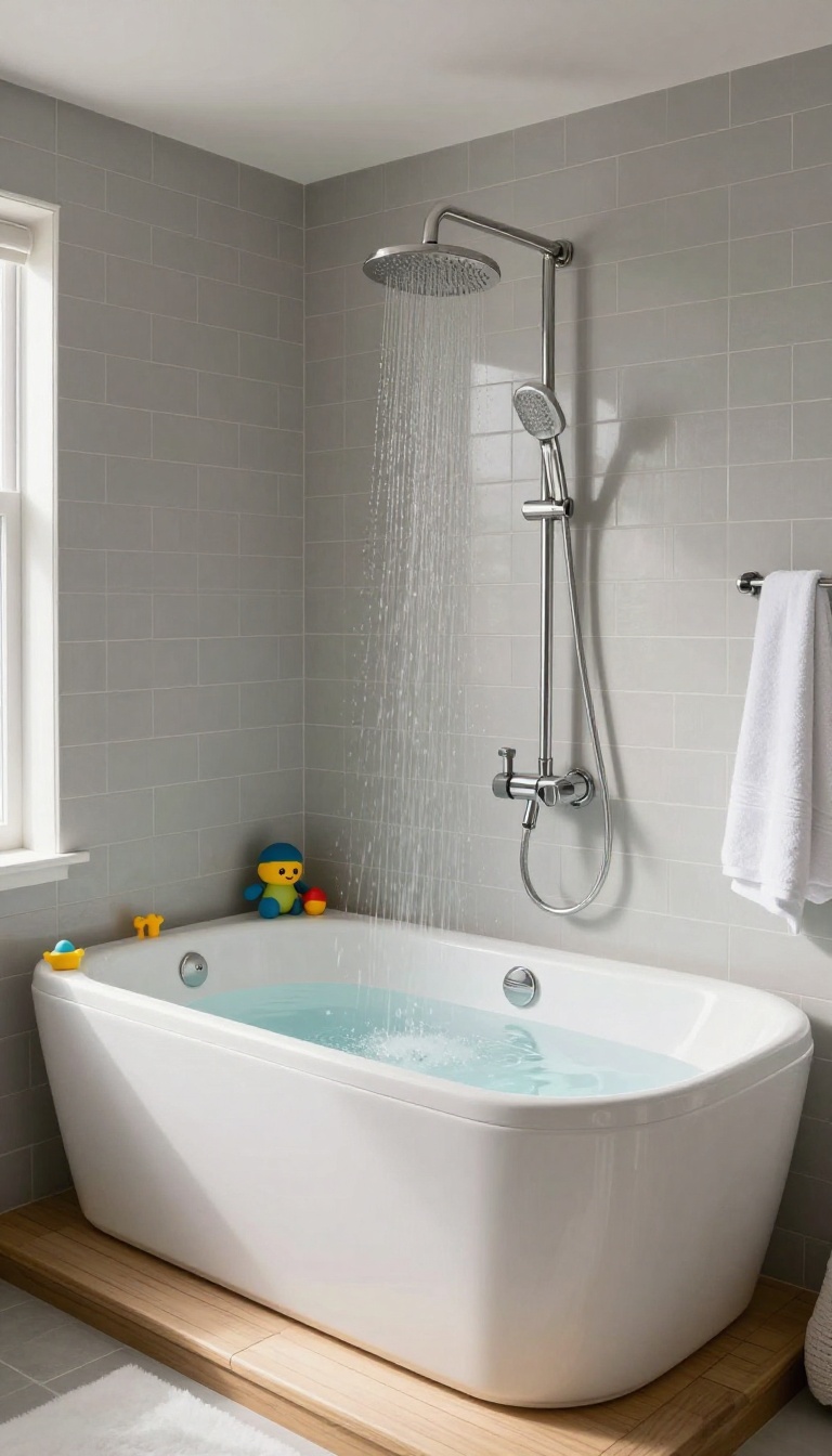 Drop-in tub with a surround shower panel in a bright, modern family bathroom