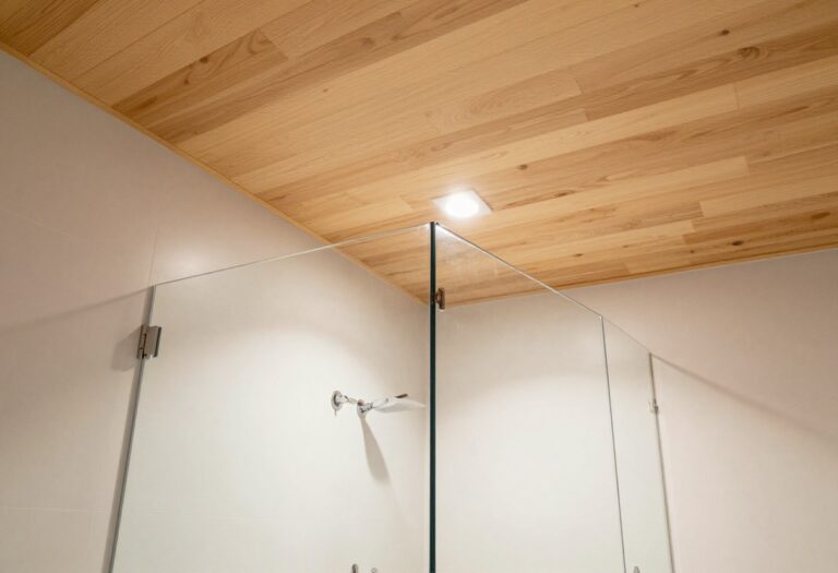 Modern walk-in shower with wood plank ceiling and glass enclosure