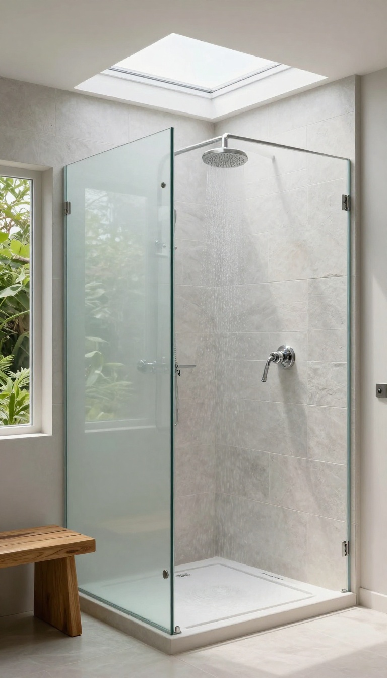 Large walk-in shower with skylight and frosted window, spa-inspired design