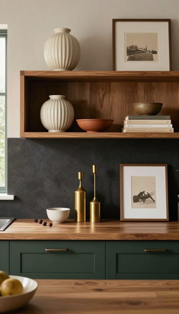 Warm moody kitchen with open shelves styled with ceramic and brass accessories, dark green cabinets, and natural light