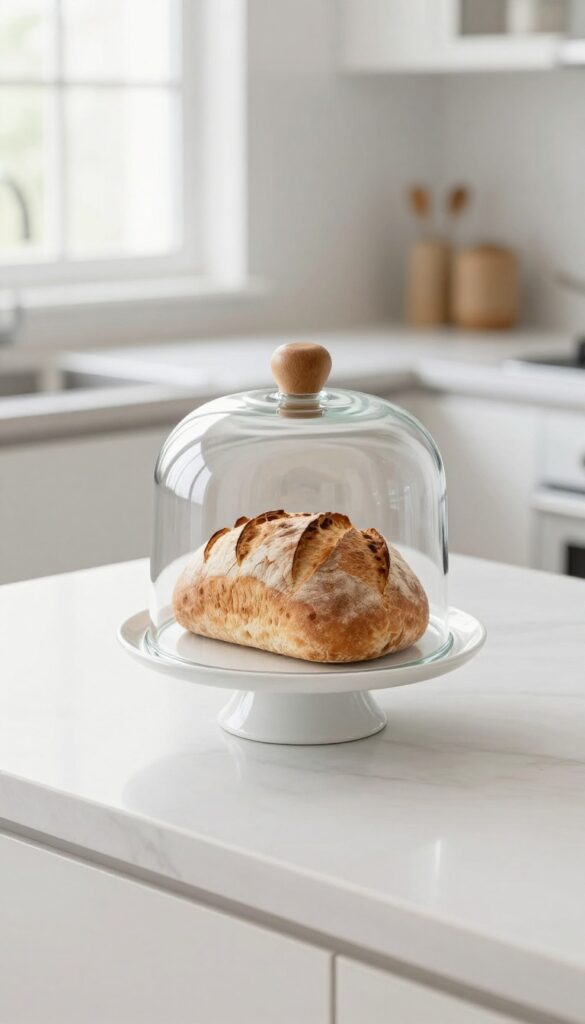 Glass cloche on a cake stand with fresh bread on a kitchen countertop