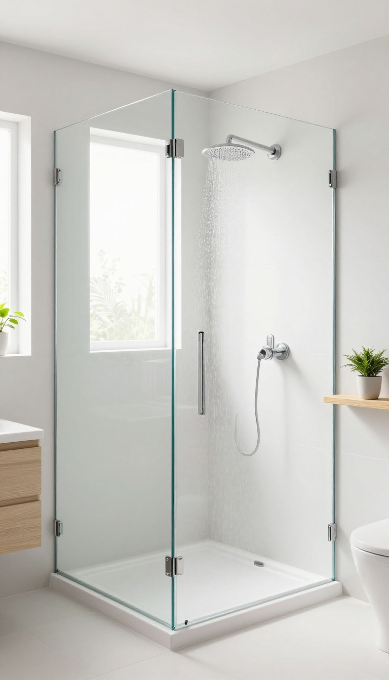 Slimline bathtub with shower screen in a small bright bathroom