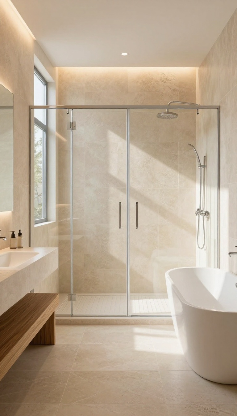 Modern bathroom with heated stone flooring and a walk-in shower, showcasing warm, spa-like comfort.