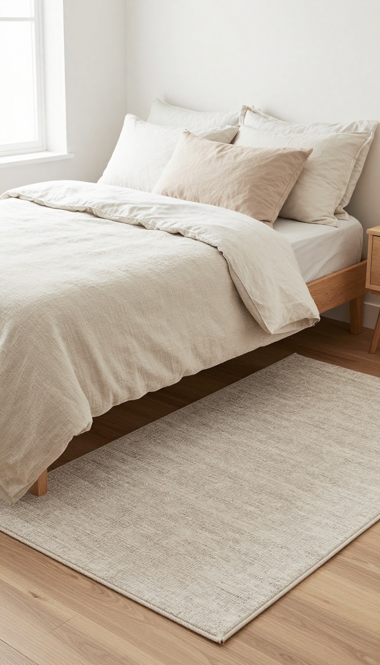 Cozy small bedroom with a neutral textured rug under the bed, grounding the space and adding warmth.