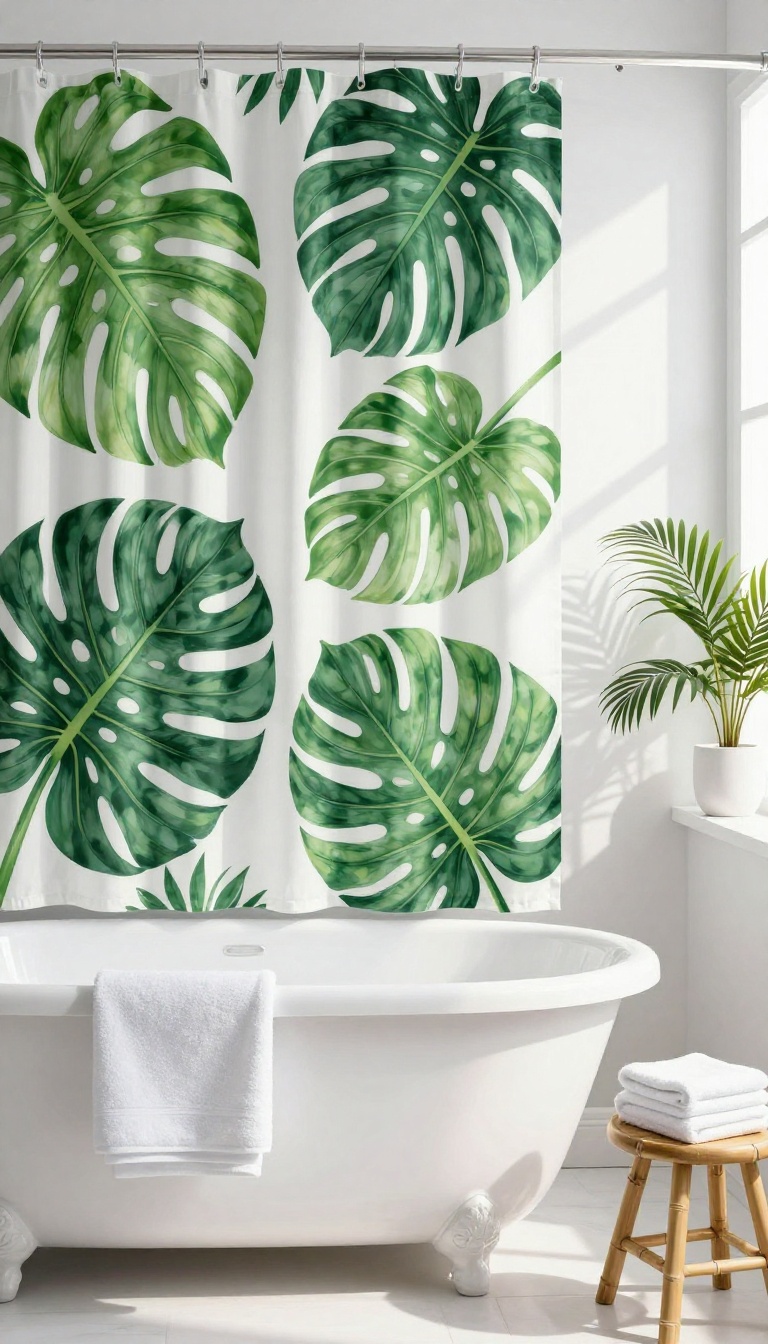Tropical leaf shower curtain in a bright bathroom with white fixtures and bamboo accessories