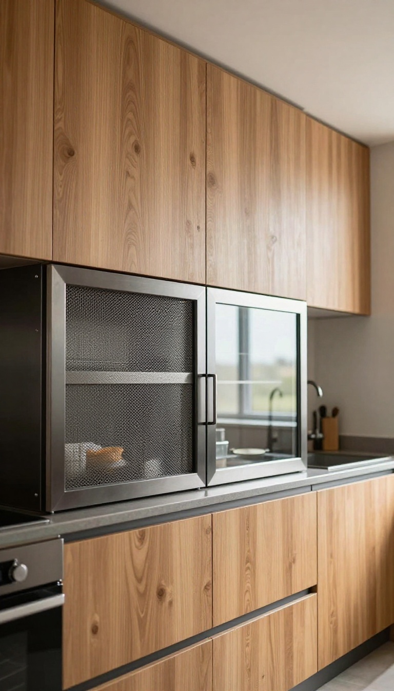 Kitchen upper cabinets with a mix of wood and metal mesh inserts, creating a warm and industrial look.