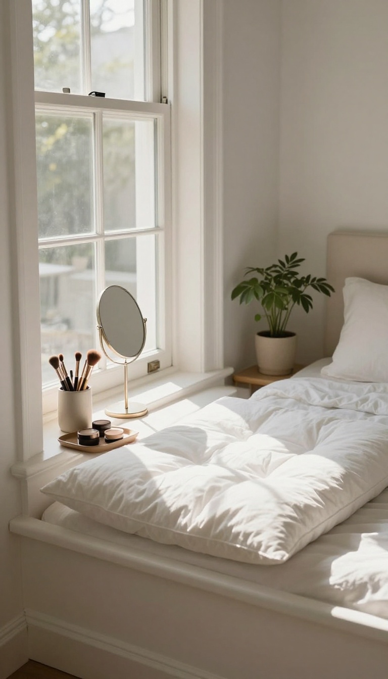 Small bedroom with a deep windowsill styled as a bright vanity with a mirror, makeup essentials, and a cushion, bathed in natural light.