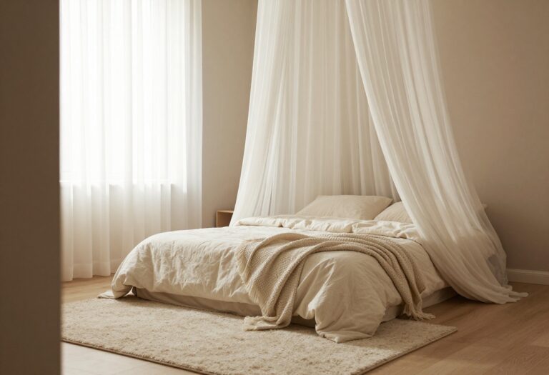Cozy small bedroom with warm lighting and layered textiles