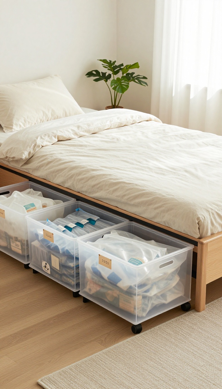 Bright bedroom with under-bed storage bins and drawers neatly organized, showing a clean and clutter-free space.