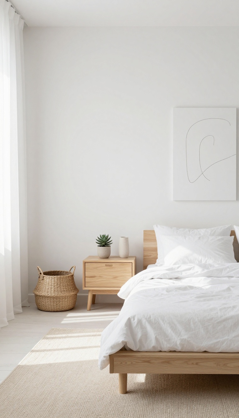 Minimalist small bedroom with clear surfaces, hidden storage basket, and bright natural light