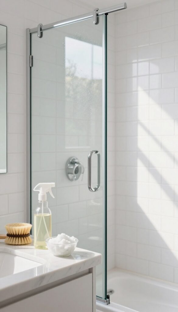Clean bathroom with vinegar and borax cleaning supplies on marble countertop