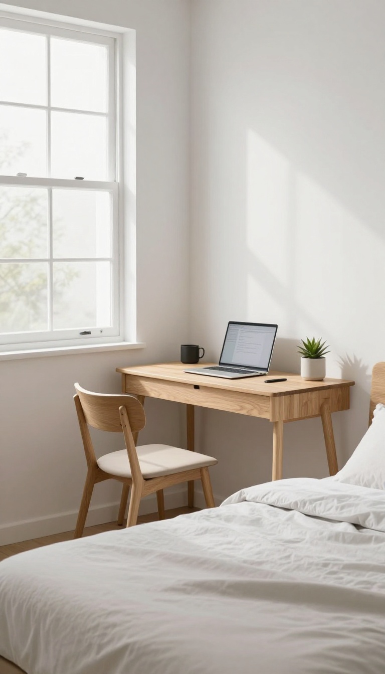 Wall-mounted desk in a small bedroom with a chair and laptop, folded down to save space.