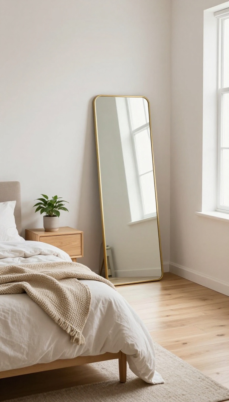 Full-length mirror leaning against a wall in a bright guest bedroom, reflecting light and adding a collected touch.