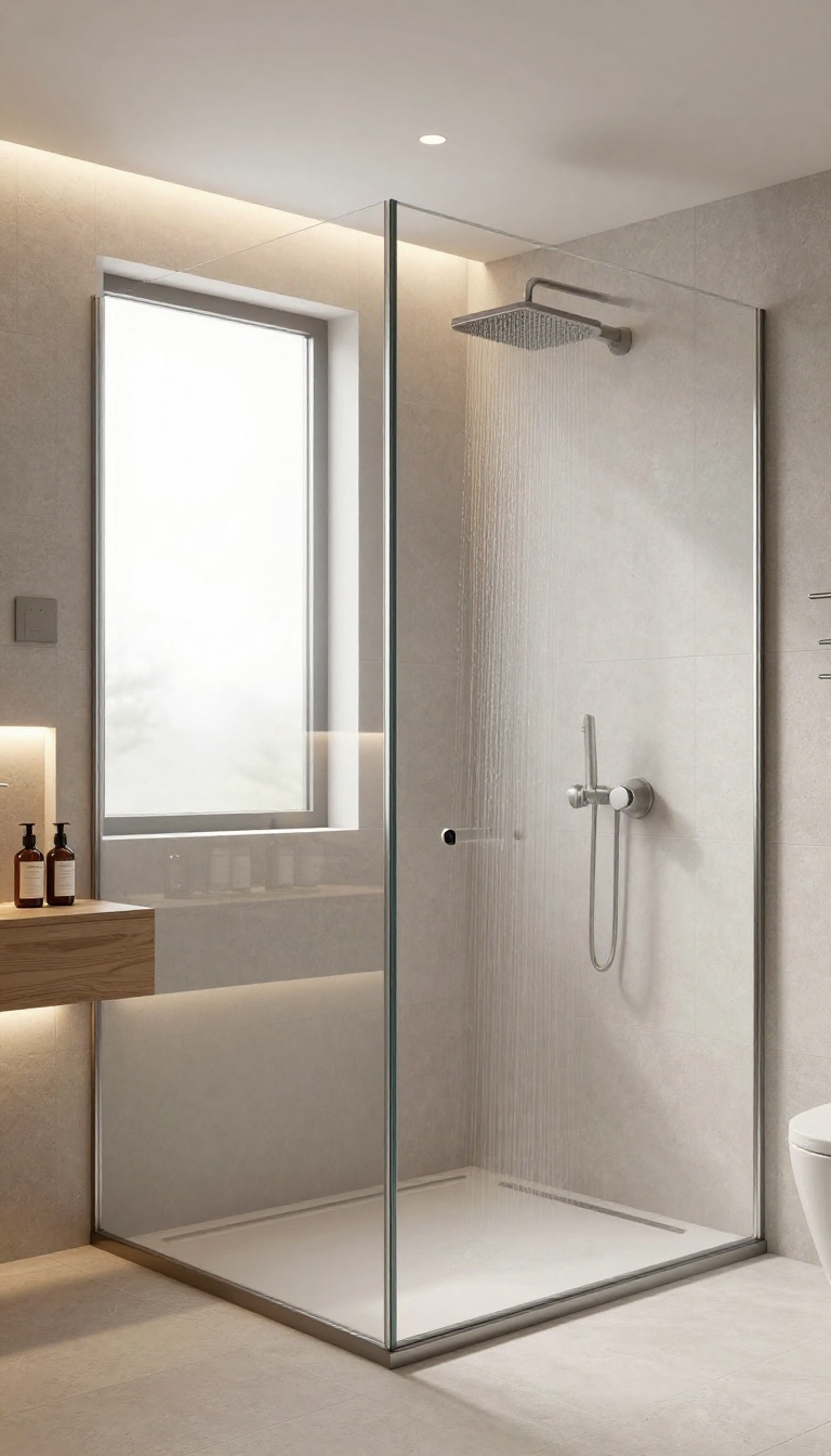 Large shower with ambient lighting, LED strips on bench and niche, recessed ceiling lights, and a dimmer switch, creating a calm spa atmosphere.