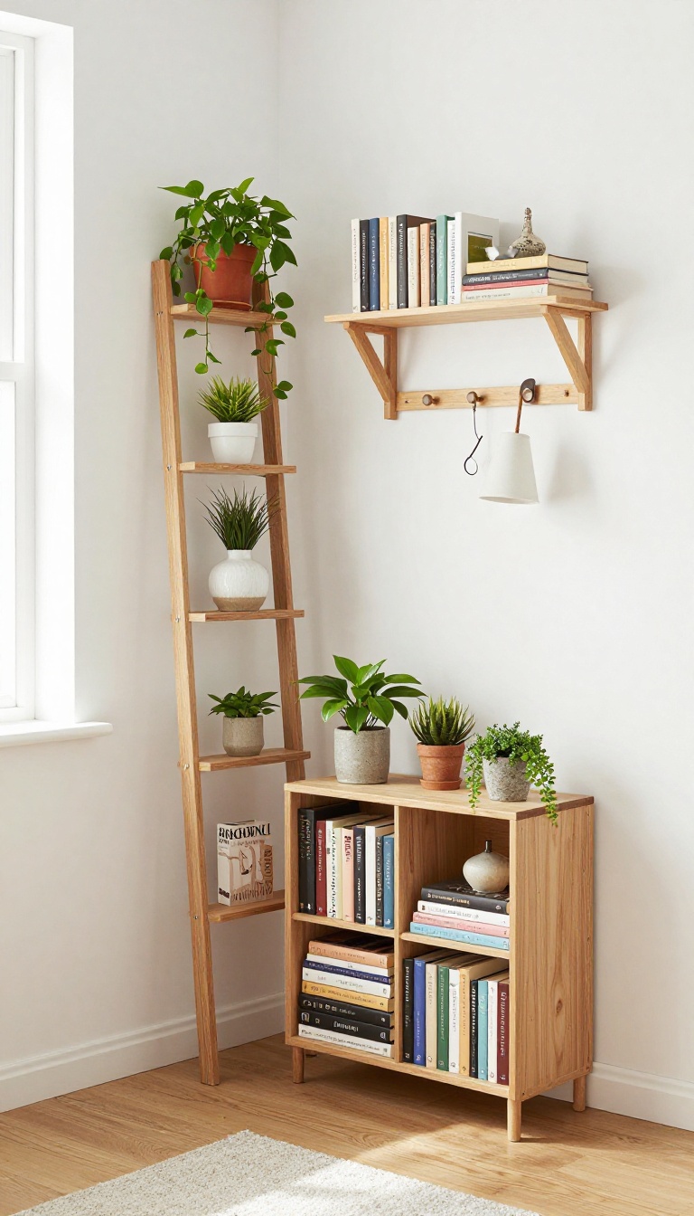 Vertical storage and decor in a small bedroom with a ladder shelf, floating shelves, and a wall-mounted bedside shelf