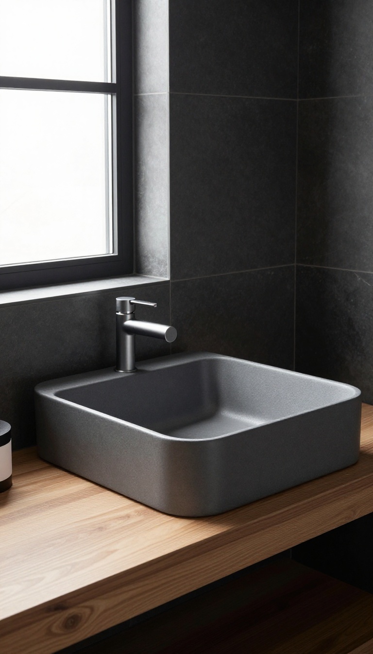 Modern bathroom with a matte charcoal gray shower tray, dark slate tiles, wooden vanity, and brushed metal fixtures in natural light