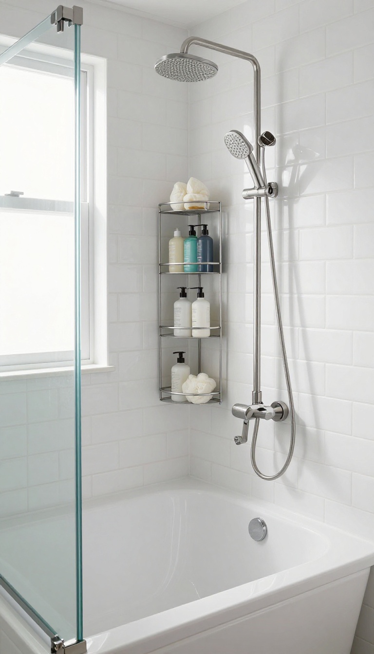 Corner shower caddy in a small bathroom with a shower over bath, providing tidy vertical storage.