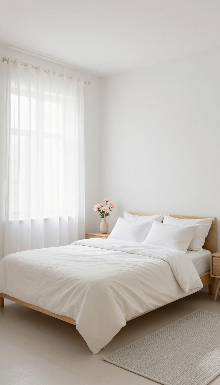 A bright small bedroom with light colors and sheer curtains, creating an airy and spacious feel.