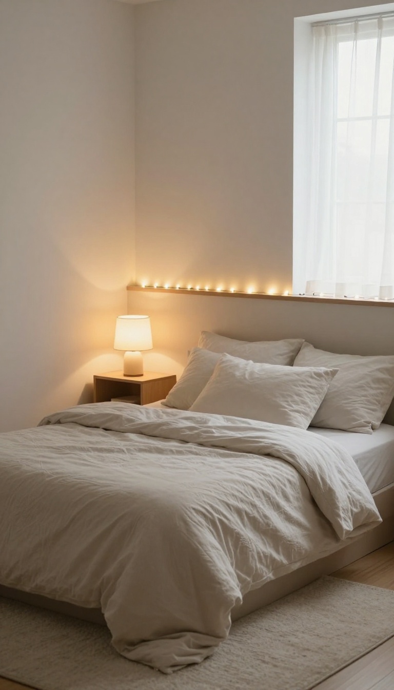 Cozy small bedroom with warm layered lighting from a bedside lamp, wall sconce, and fairy lights, creating a soft hotel-like ambiance.