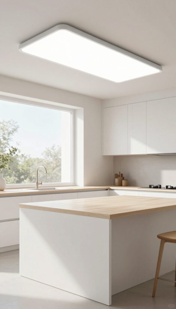 Modern kitchen island illuminated by a flush-mounted LED panel light, providing bright, even lighting for a clean, minimalist look.