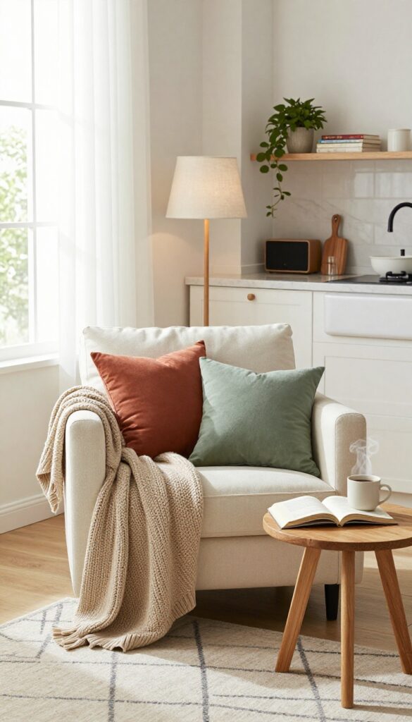 Cozy reading corner in a kitchen with an upholstered armchair, side table, floor lamp, and kitchen background