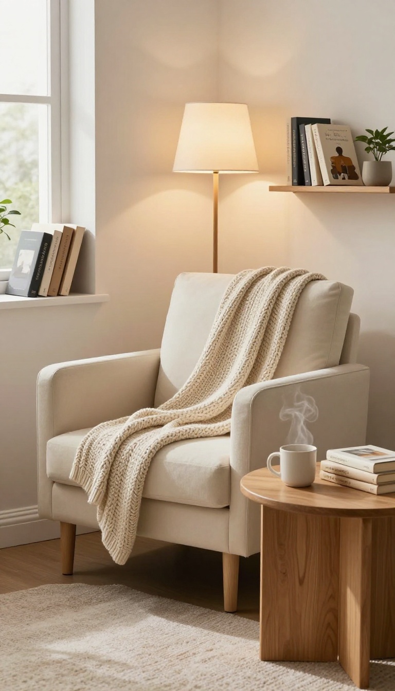 Cozy reading nook in a small bedroom corner with an armchair, books, and warm lighting