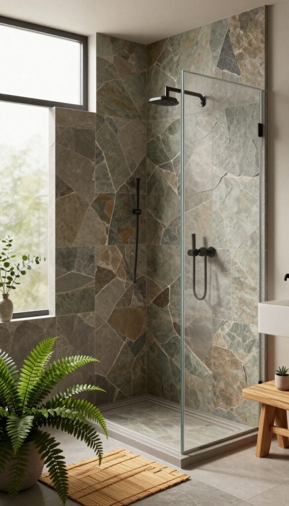 Large slate tiles in a shower with wood accents and greenery