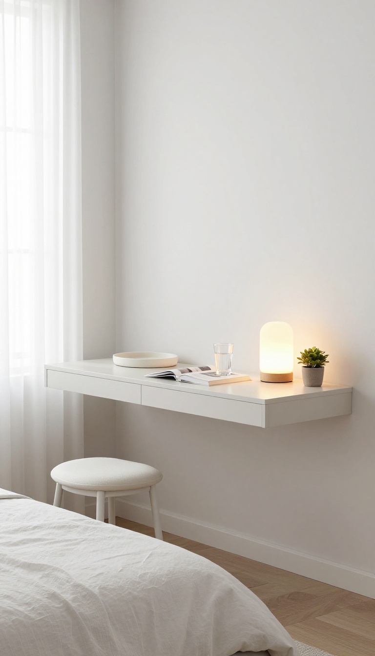 Compact desk doubling as a nightstand in a small office-guest room combo, styled for guest mode with a tray, lamp, and plant.