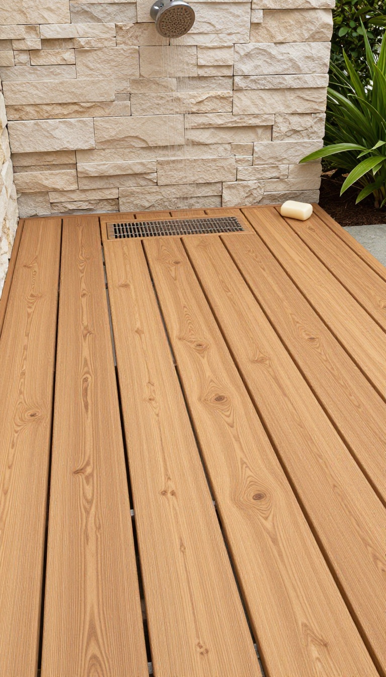 Outdoor shower with composite decking floor in warm cedar tone, showcasing wood grain texture and drainage gaps