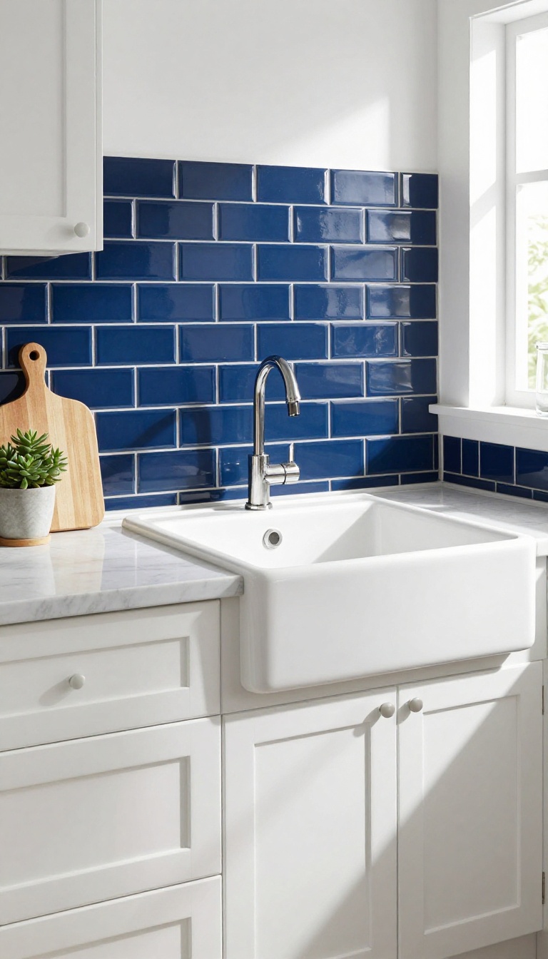 Navy blue peel-and-stick subway tile backsplash in a bright kitchen with white cabinets and a farmhouse sink.
