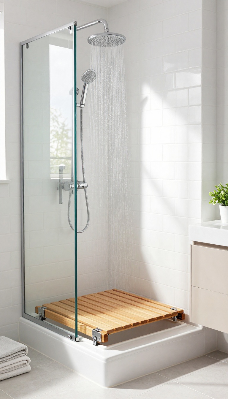 Foldable teak shower seat mounted on the wall above a bathtub in a bright, modern small bathroom