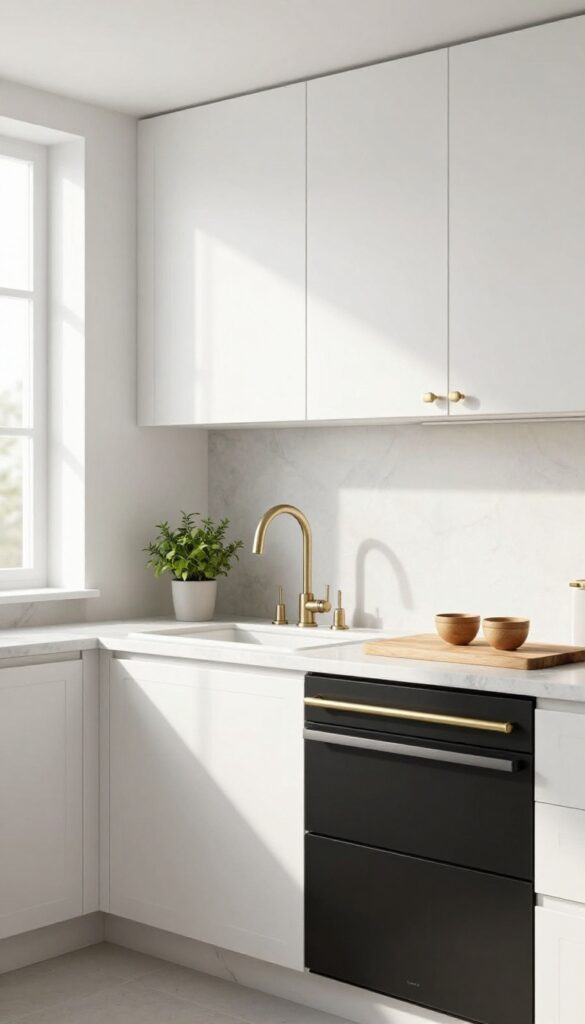 Modern kitchen with mixed metal cabinet hardware, featuring brushed brass knobs and matte black pulls, in bright natural light.