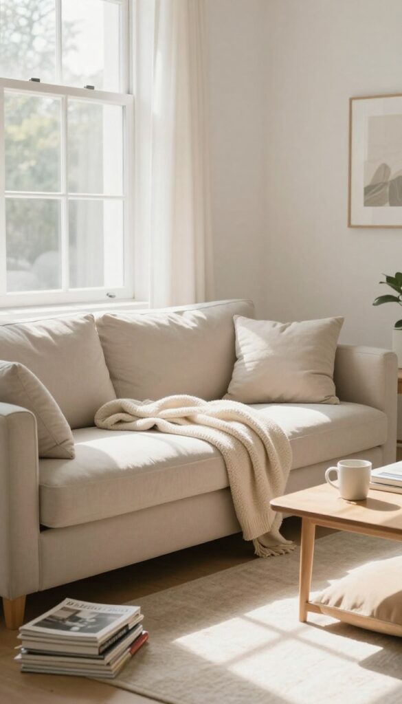 A cozy, tidy-but-not-perfect living room with natural light, illustrating the concept of 'tidy enough' during a busy week.