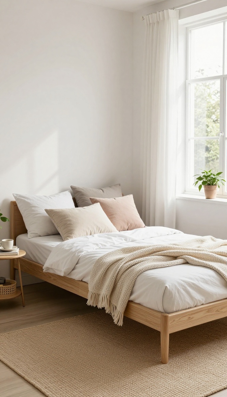Small bedroom with a stylish daybed styled as a cozy seating area, featuring pillows and a throw blanket, in bright natural light.