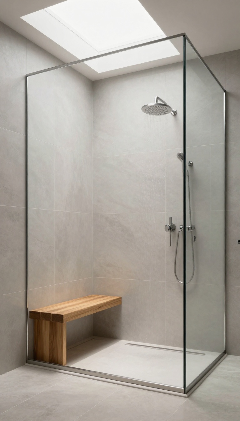 Spacious shower with floor-to-ceiling large-format tiles and teak bench in natural light