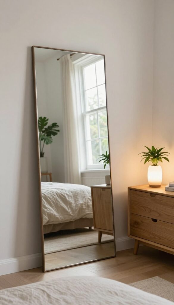A small boutique bedroom with mirrors reflecting light to create a sense of space, featuring a large leaning mirror and a small lamp.