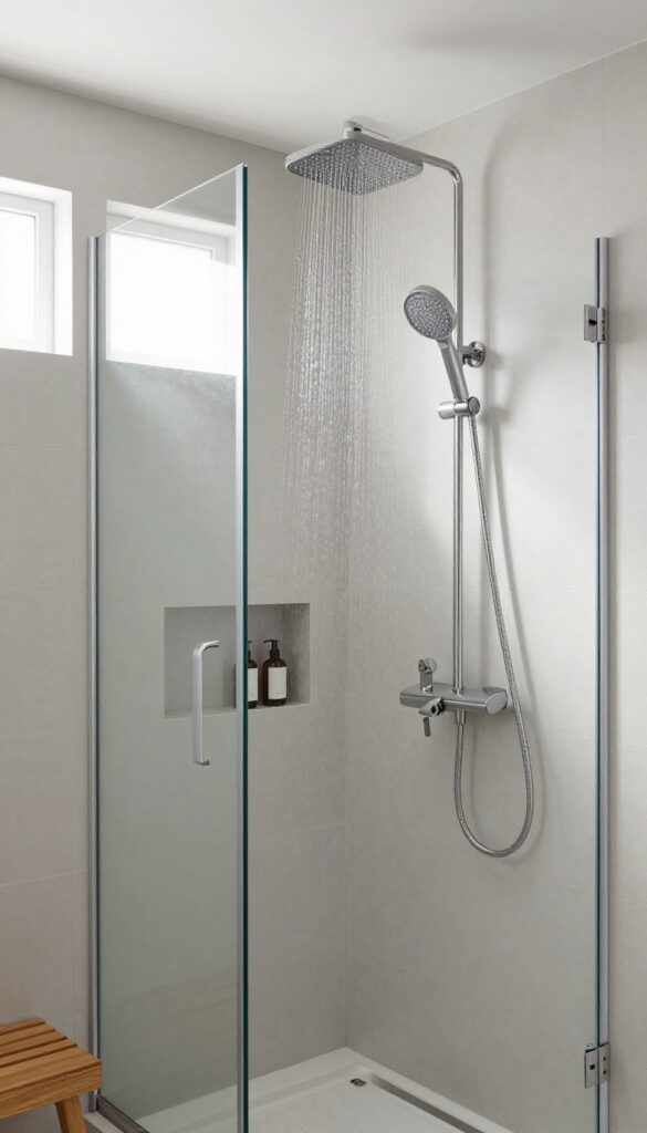 Compact shower stall with rainfall showerhead and handheld combo, featuring a sliding bar and teak bench