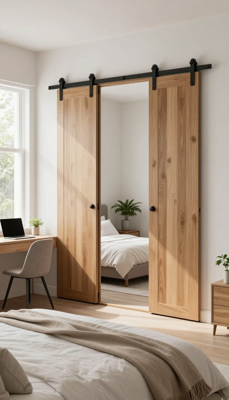 A sliding barn door separates a cozy guest bedroom from a bright home office area, showcasing a flexible and stylish room combo.
