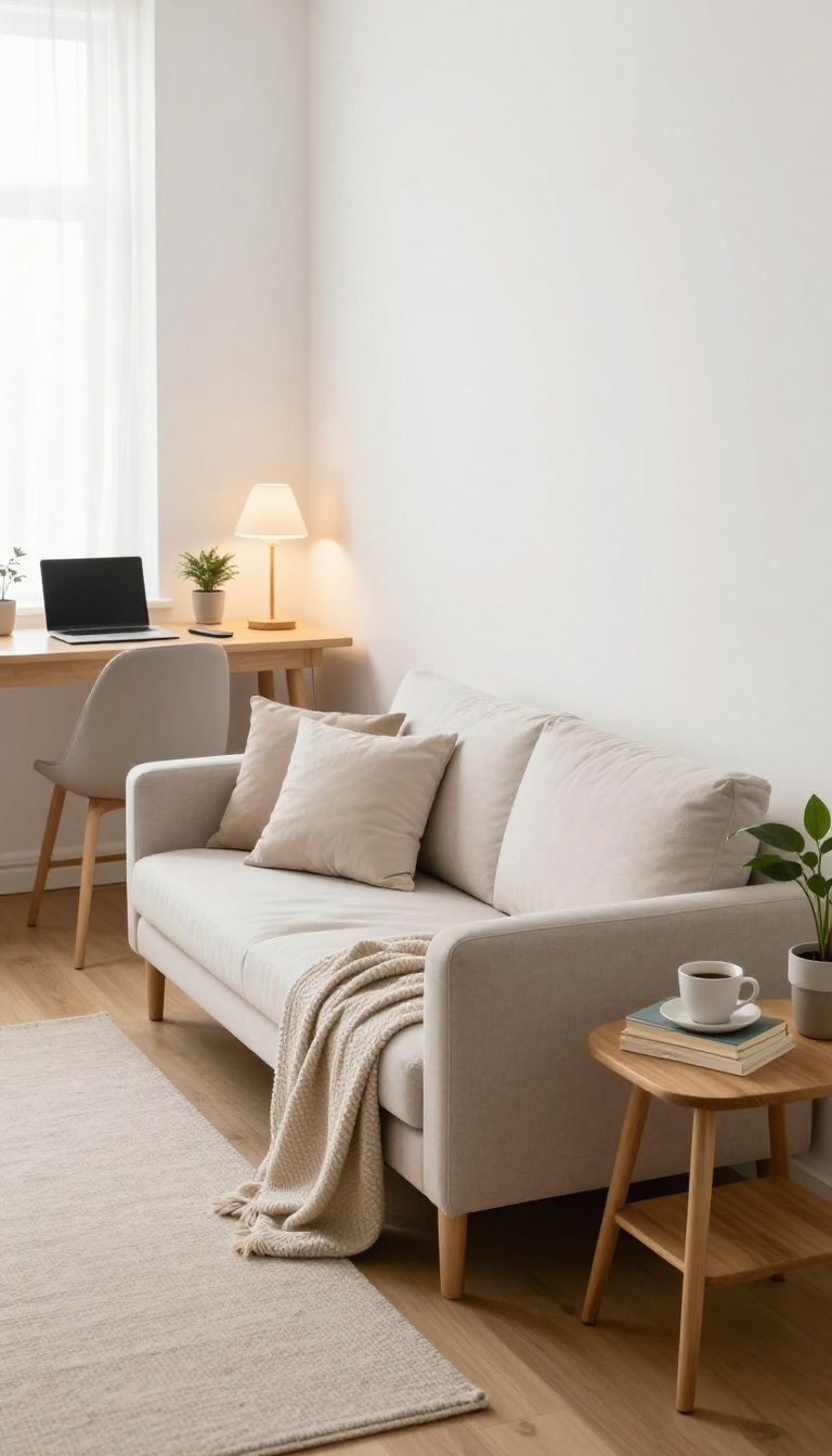 Daybed with trundle styled as a sofa in a bright home office guest room