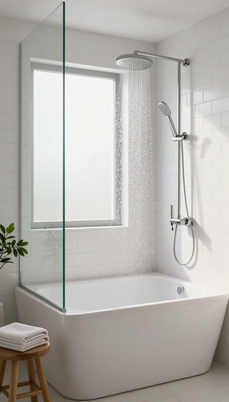 Rainfall showerhead over a bathtub in a small bathroom