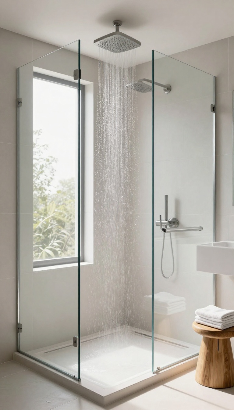 Rainfall showerhead in a modern spa-like bathroom