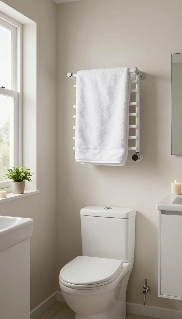 A cozy small guest bathroom with a wall-mounted heated towel rack holding a white towel, bathed in natural light.
