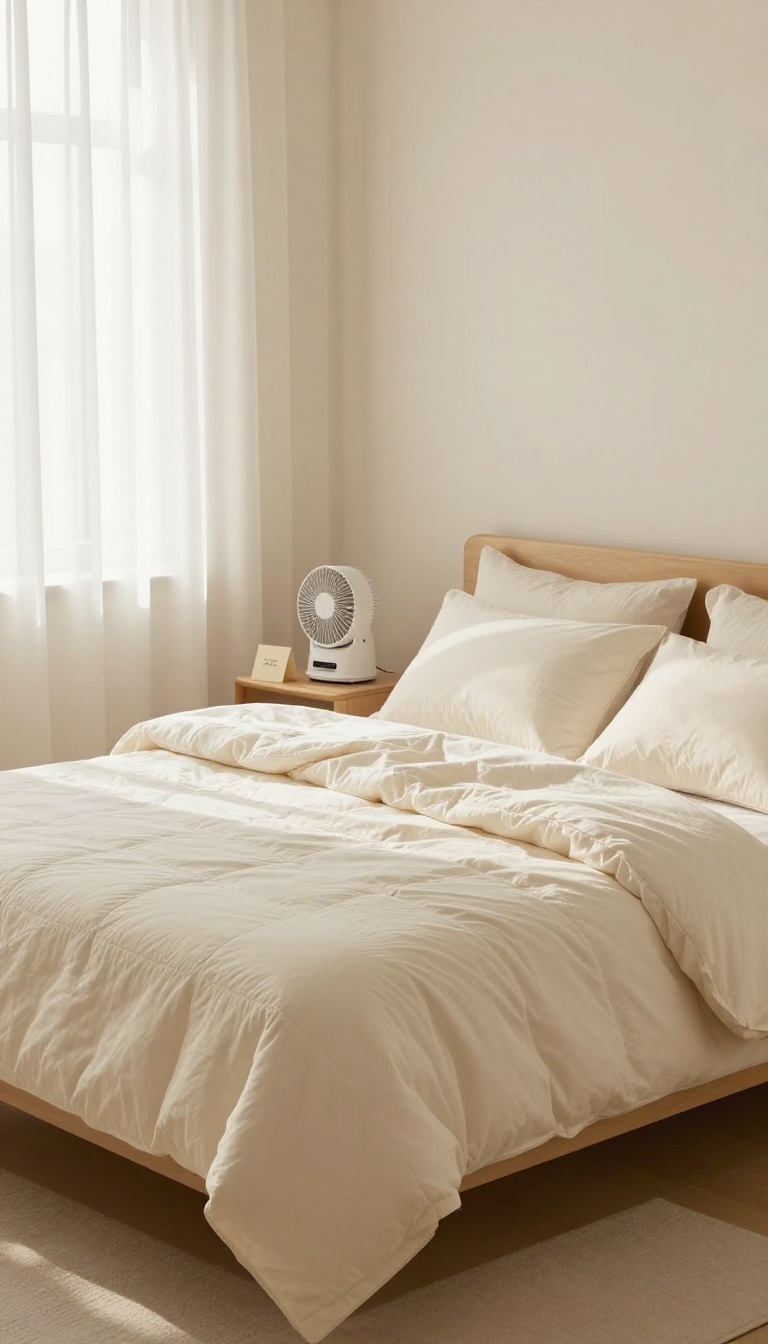 Cozy guest bedroom with layered bedding, a bedside fan, and a small space heater, bathed in warm natural light.