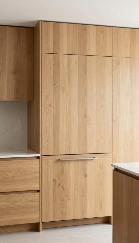A panel-ready dishwasher seamlessly integrated into custom oak cabinetry in a bright modern kitchen.