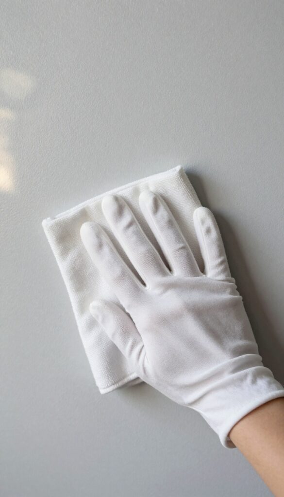 Hand drying a clean painted wall with a microfiber cloth to prevent water spots.